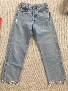 Agolde Light Blue Distressed Straight Jeans, size 26